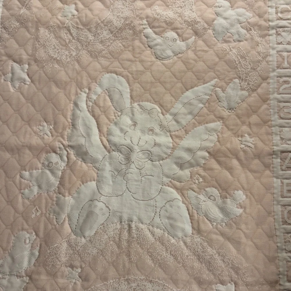 Vintage Handmade Baby Quilt Pink Bunny Rabbit ABC 123 Lace Trim Blanket 36 X 44